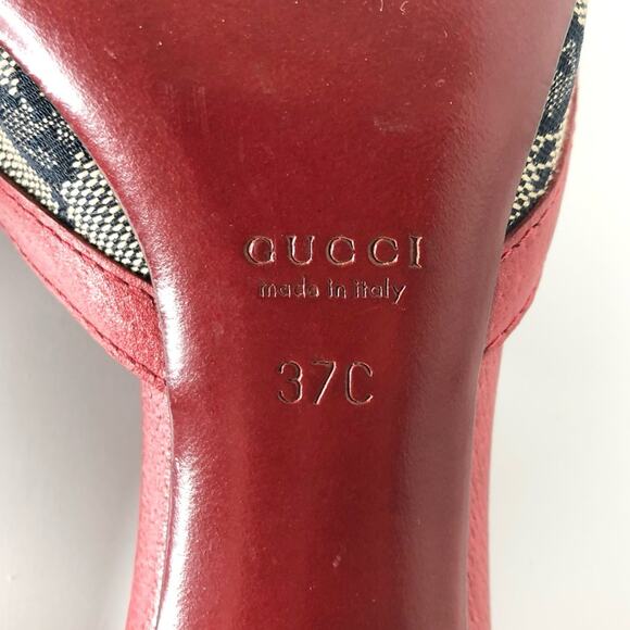 Vintage Gucci D Ring Monogrammed Red Pointed Toe Mules Pumps 37 - Picture 10 of 11